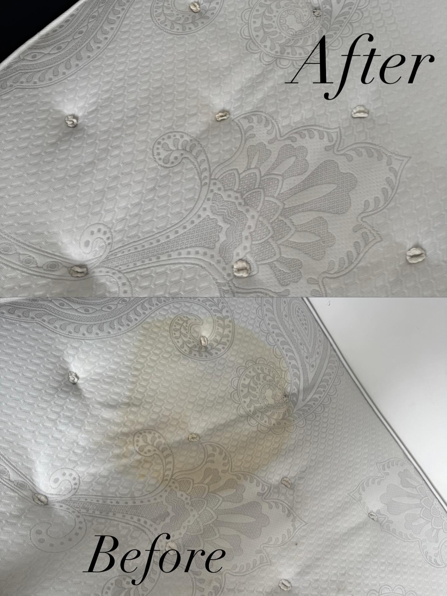 Before and after comparison of a stained mattress after cleaning