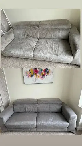 Grey sofa shown before and after cleaning