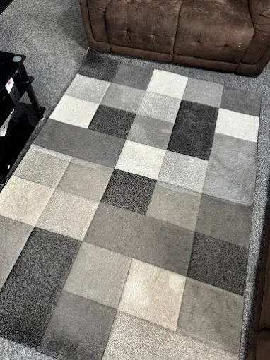 Clean geometric rug in a living room